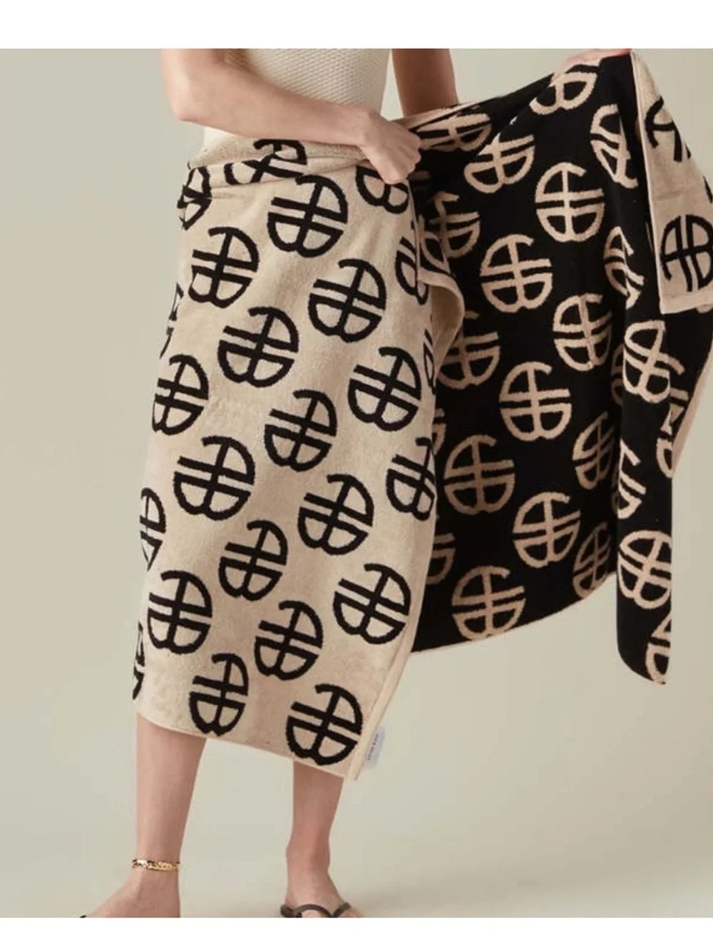 Anine Bing Bahia Towel in Beige and Black Monogram Print NWT